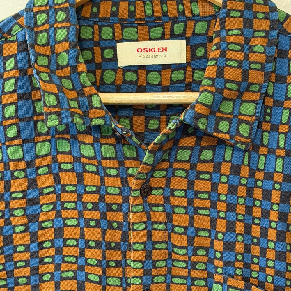 OSKLEN Men's Geometric Button-Down Shirt — Green/Blue/Brown BRAZIL